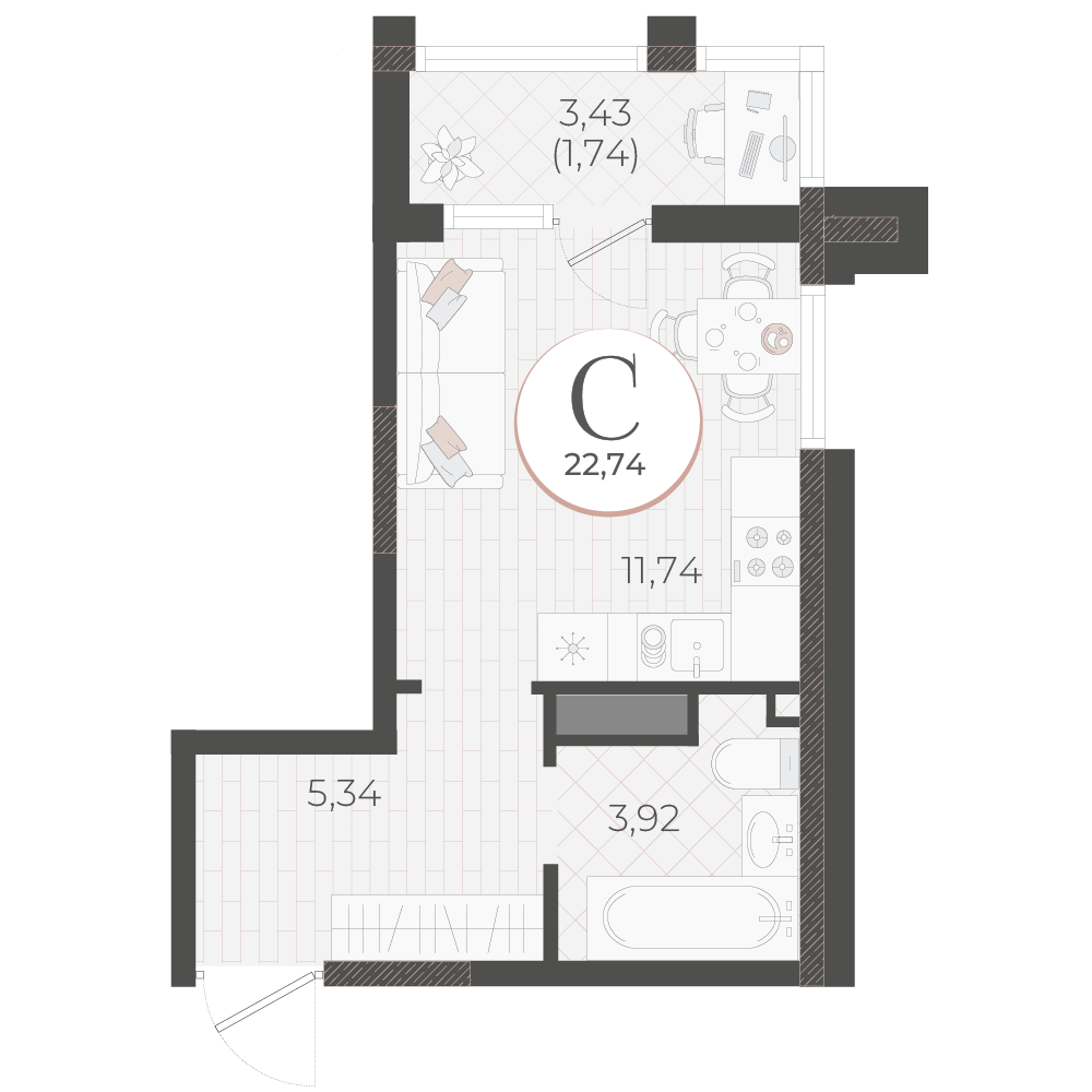 Планировка студии 22,74 м²